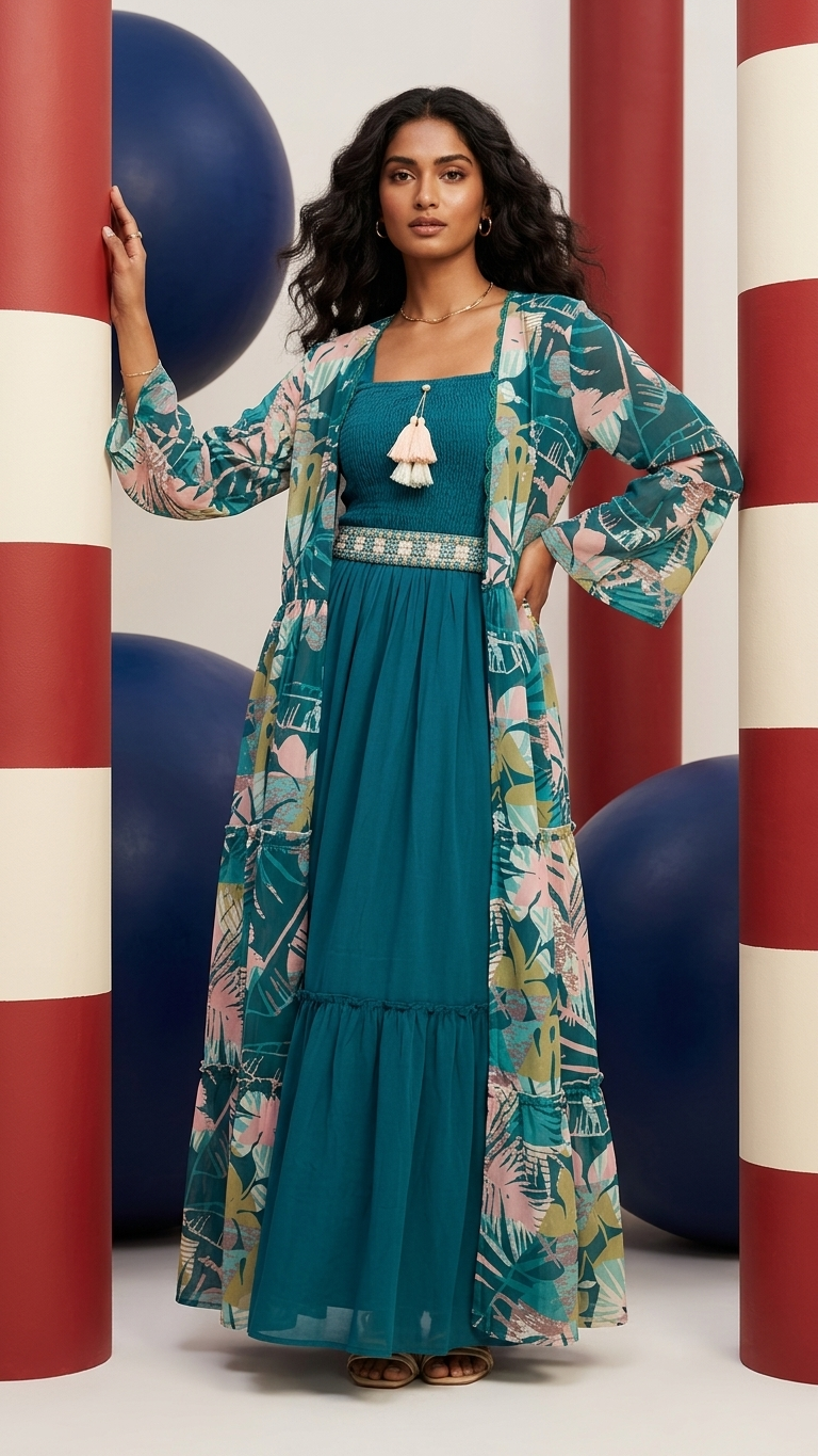 Robe ethnique en georgette 3 pièces avec broderie complexe