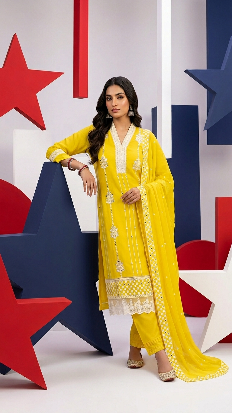 Costume 3 pièces en organza pur jaune avec broderies et détails en dentelle