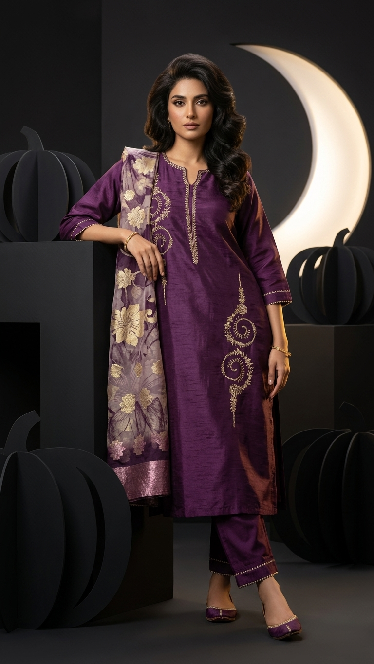 Silk Blend 3-Piece Suit in Purple with Gold Tone Embroidery and Floral Tissue Dupatta