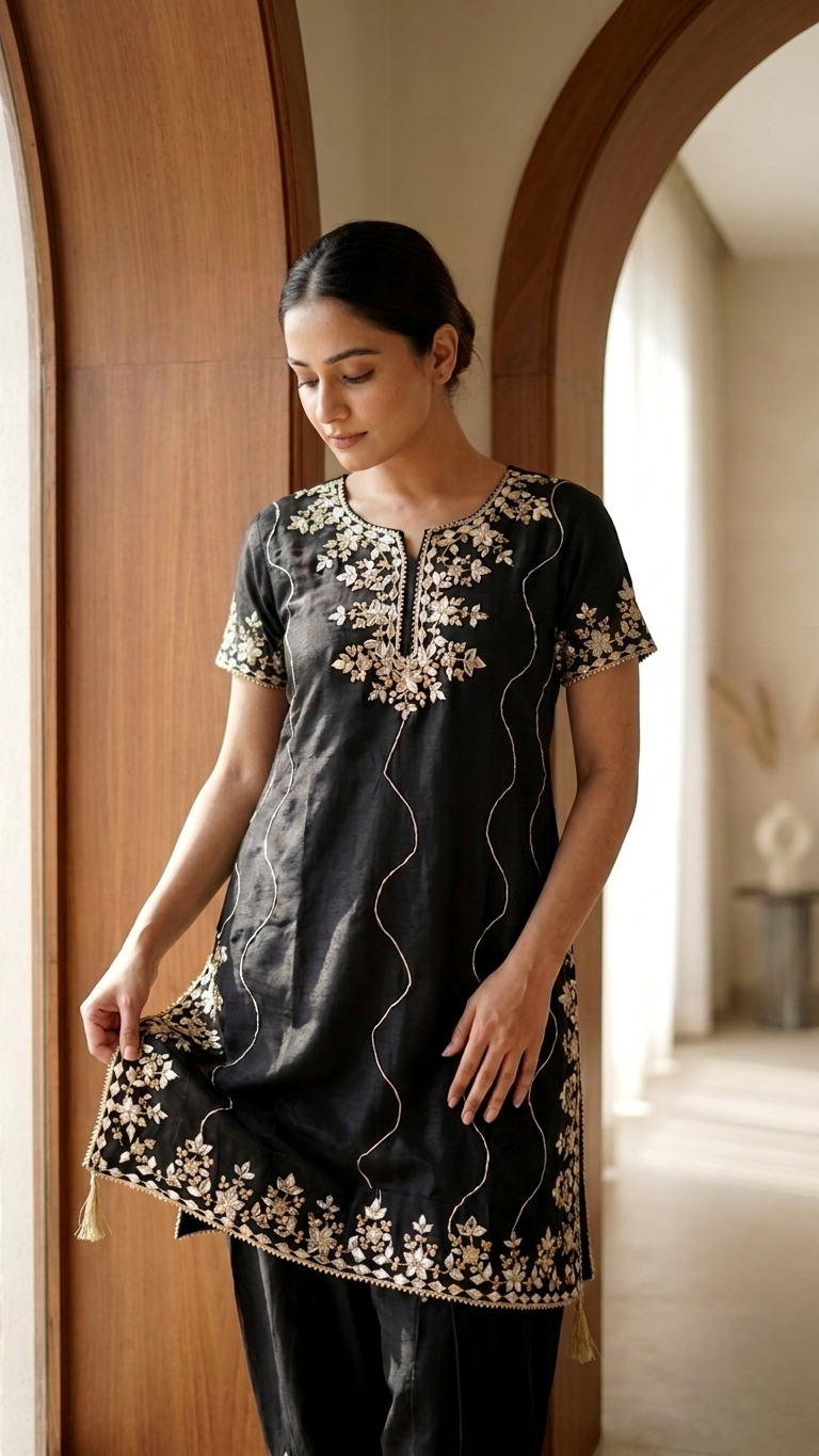 Black Embroidered Kaftan Kurta Set for Women | Luxury Ethnic Wear | Festive, Wedding & Party Outfit