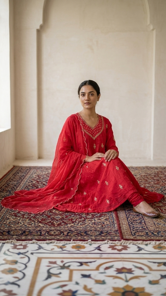 Hot Pink Chinnon Silk 3-Piece Kurta Set with Gold Embroidery & Scalloped Dupatta