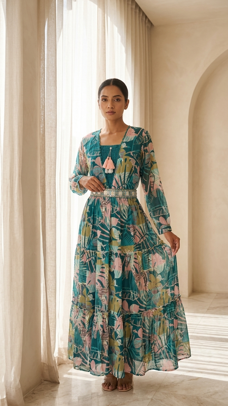 Robe ethnique en georgette 3 pièces avec broderie complexe