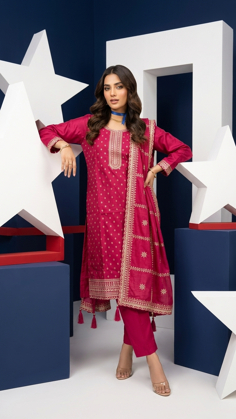Fuchsia Pink Embroidered Kurta Set for Women | 3-Piece Indian Pakistani Suit with Dupatta | Festive, Eid & Wedding Wear