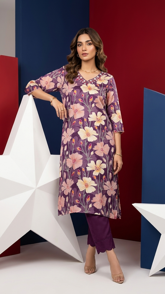 Ensemble coordonné floral violet avec pantalon palazzo