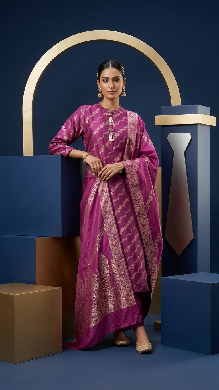 Ensemble 3 pièces en mélange de coton et de soie, rose avec tissage doré