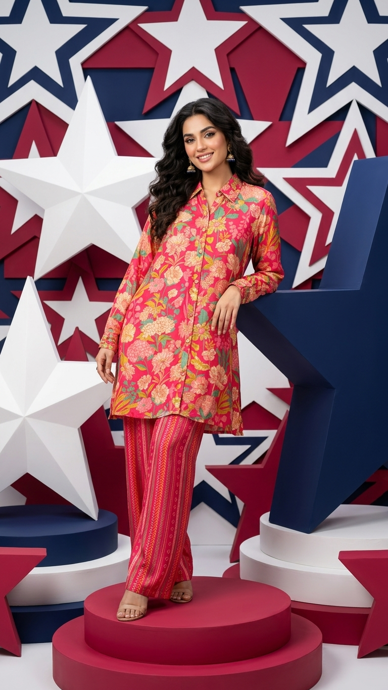 Ensemble coordonné rose imprimé numérique floral boutonné avec manches brodées et pantalon imprimé