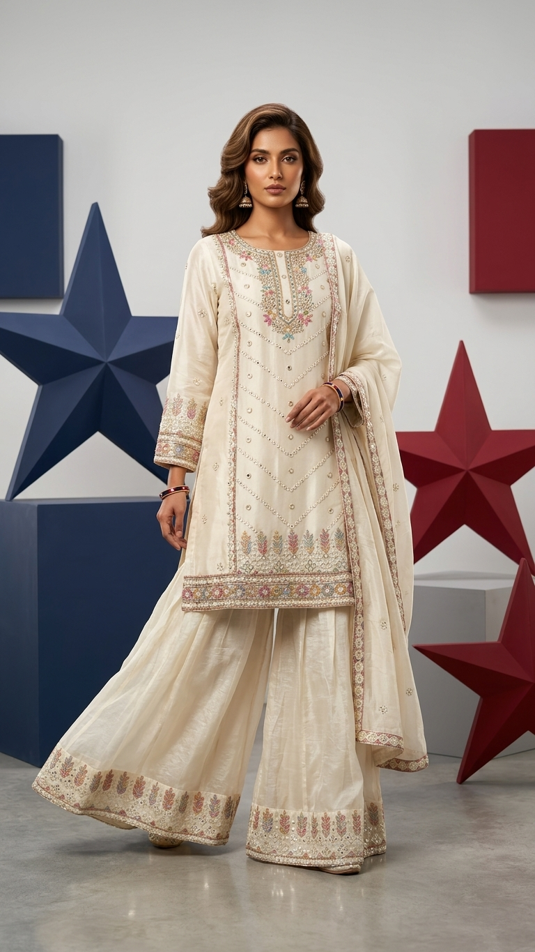 Women's Hand Embroidered Sharara Set | 3 Piece Silk Blend Georgette Ethnic Suit | Wedding Guest Outfit | Festive Indian Pakistani Party Wear