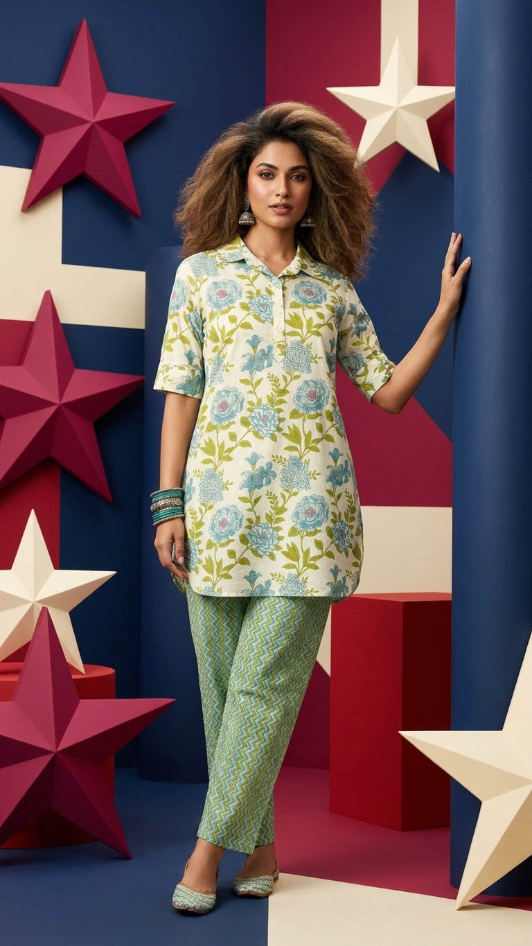 Cotton Rayon Blend Coord Set in Green Flower