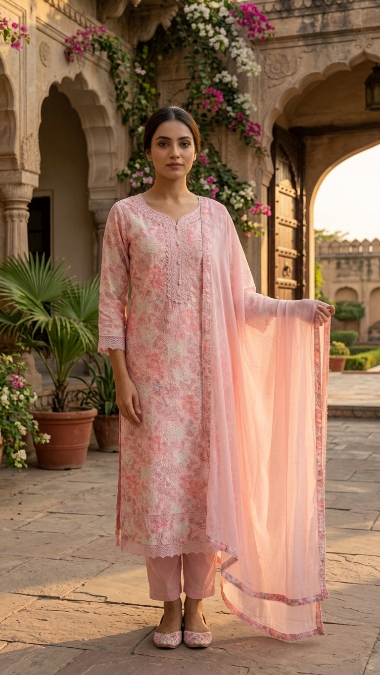 Cotton 3-Piece Suit in Subtle Pink with Intricate Lace Work