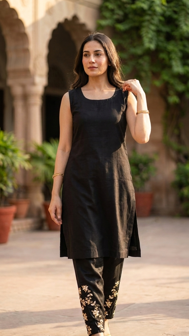 Black Embroidered Kaftan Kurta Set for Women | Luxury Ethnic Wear | Festive, Wedding & Party Outfit