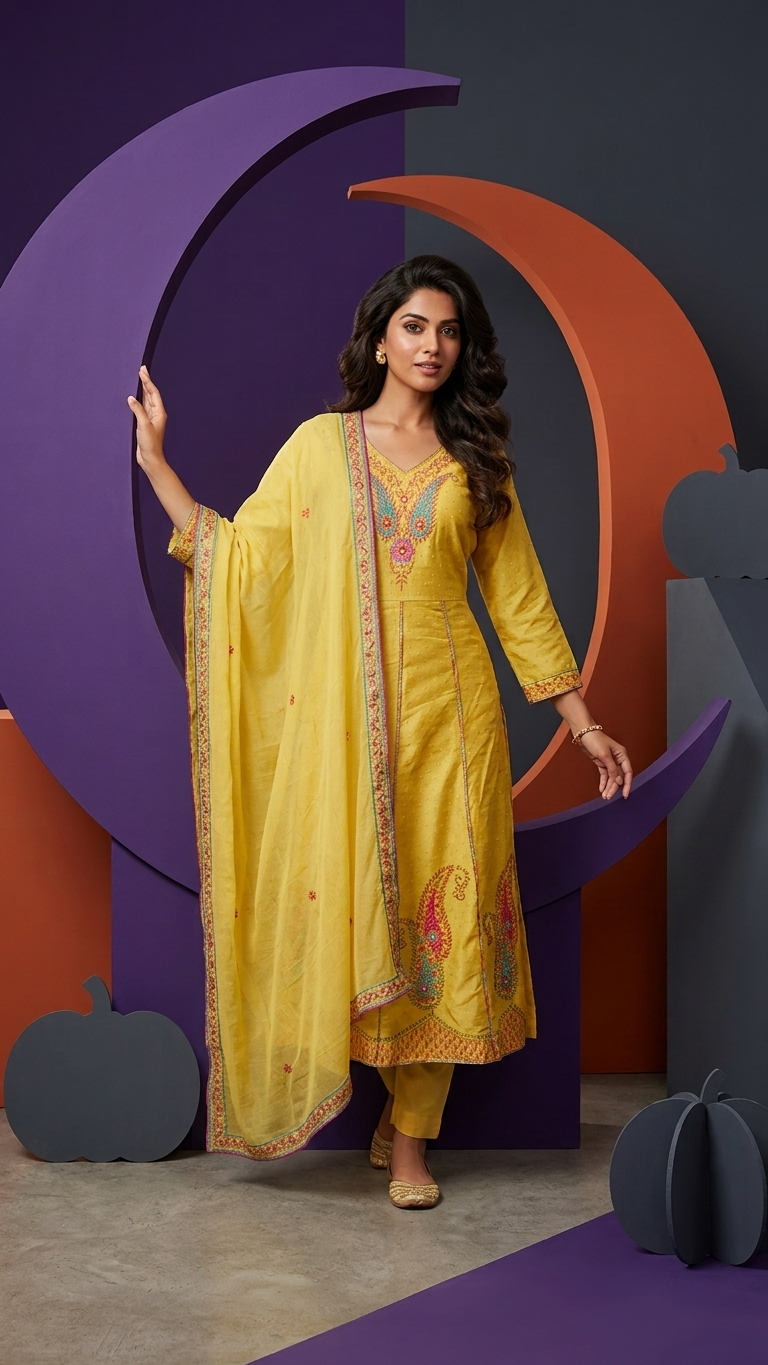 Yellow Anarkali 3-Piece Suit with Ethnic Thread Embroidery and Mul Dupatta