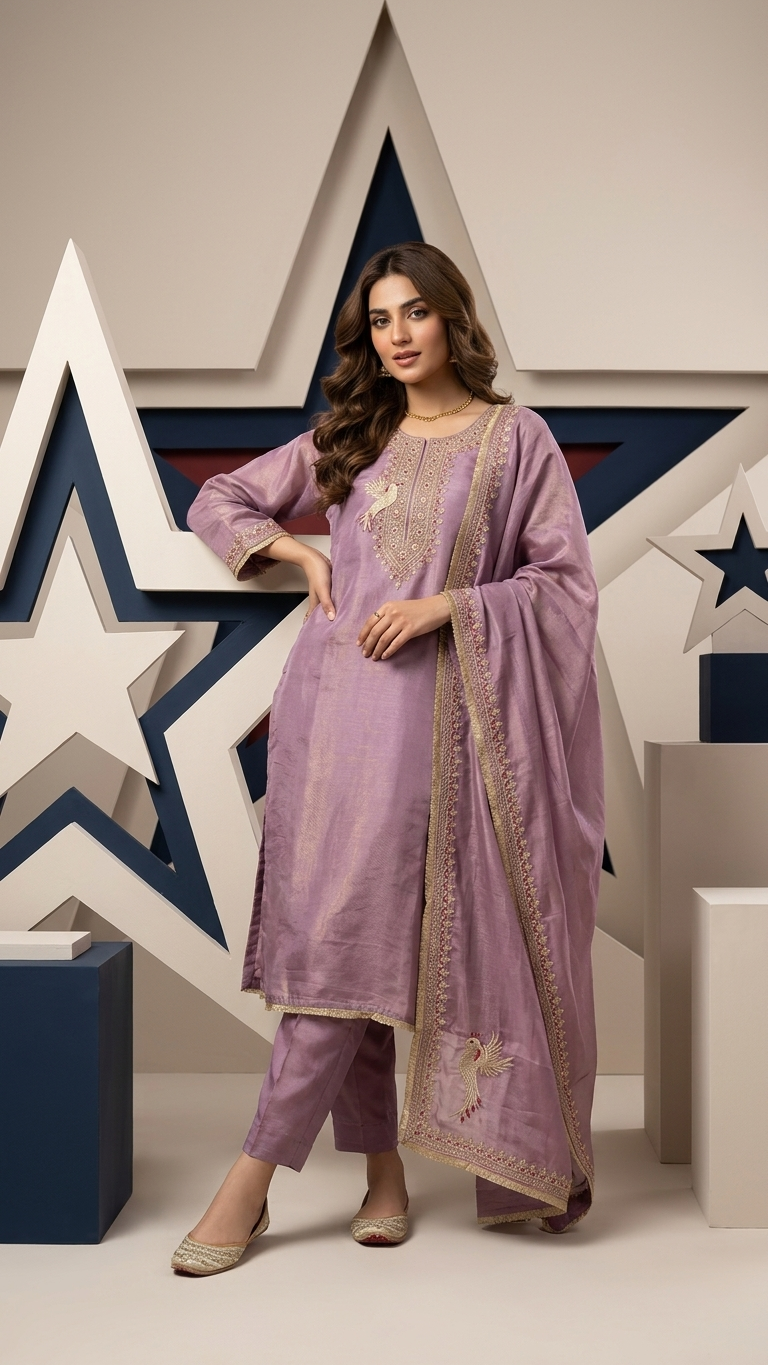 Dusty Mauve Silk Blend Kurta Set for Women | 3-Piece Embroidered Indian Pakistani Suit with Dupatta | Festive & Wedding Wear