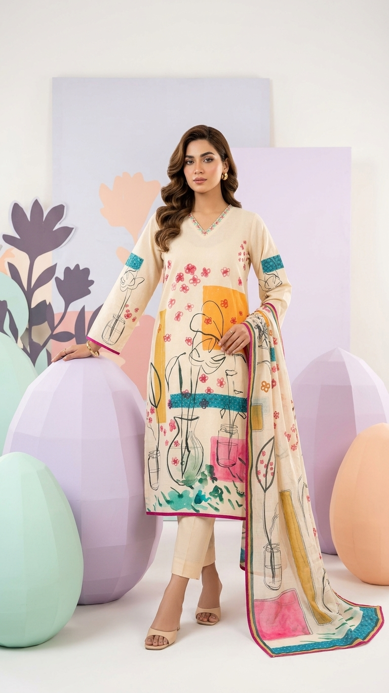 Ensemble trois pièces en coton Khadi peint, disponible en plusieurs coloris