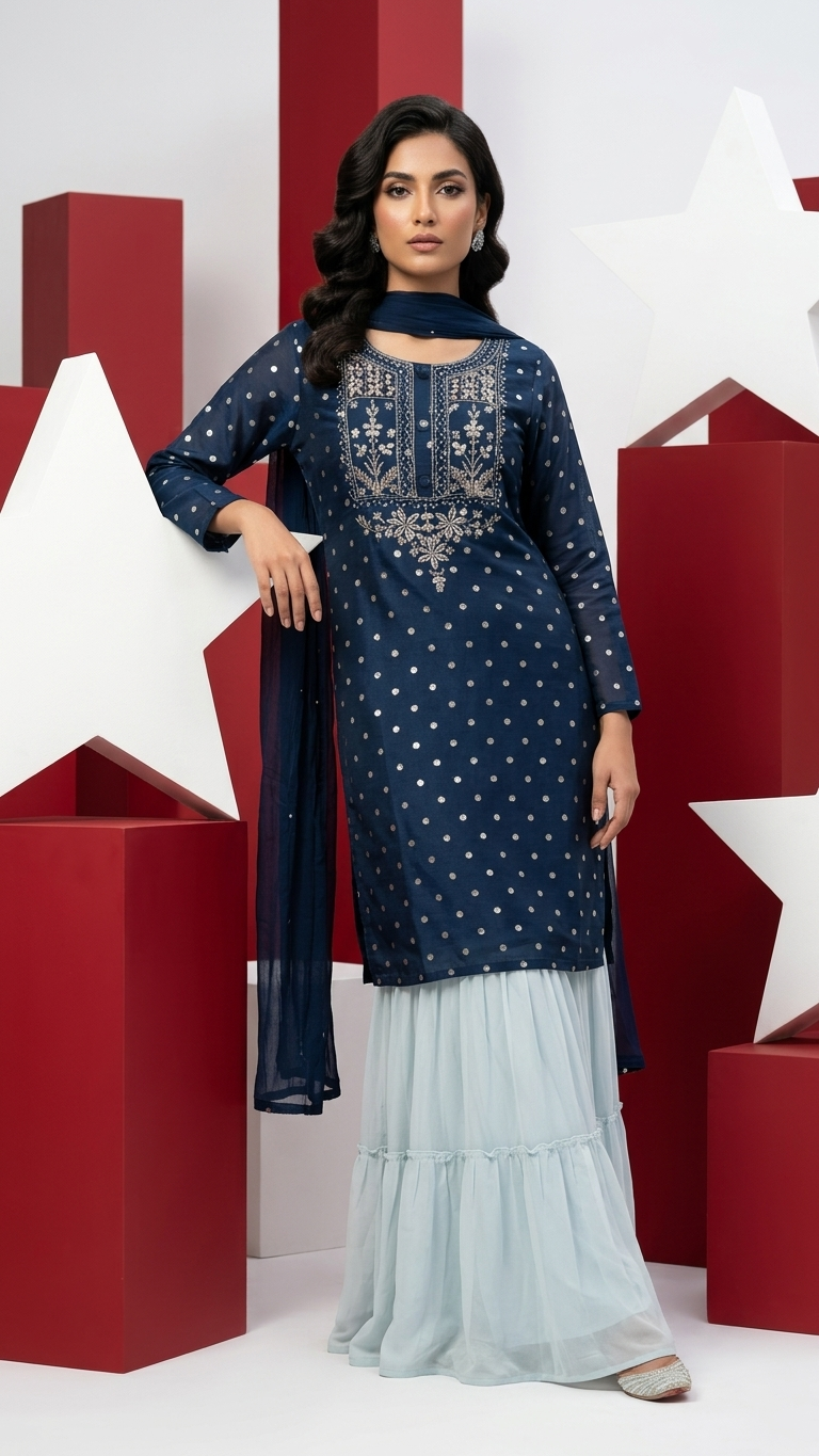 Ensemble Kurta en mélange de soie bleu nuit (3 pièces) avec tissage doré et travail de Zardosi et Sharara gris-bleu. Ce produit est également disponible en 3XL.
