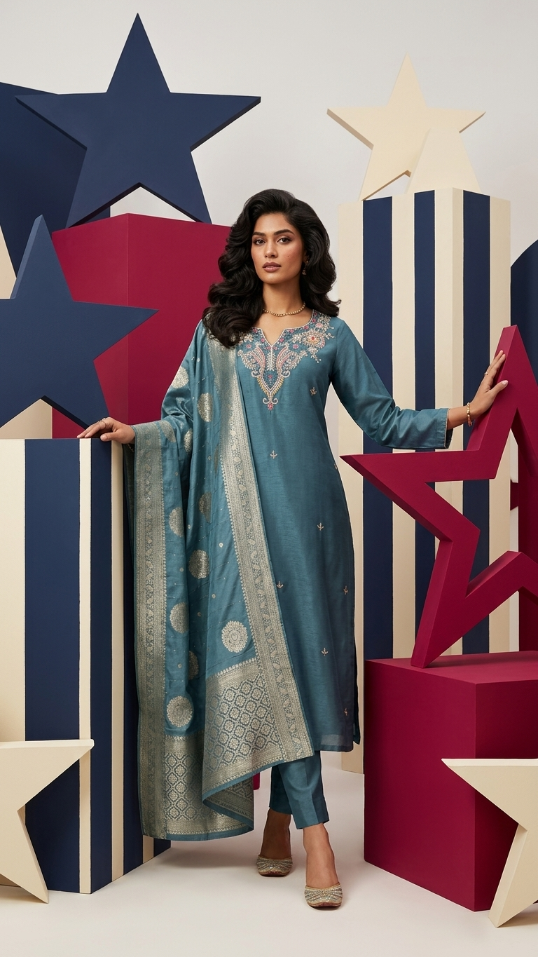 Chinnon Silk Kurta Set with Banarasi Dupatta – 3 Piece Festive Ethnic Wear for Women