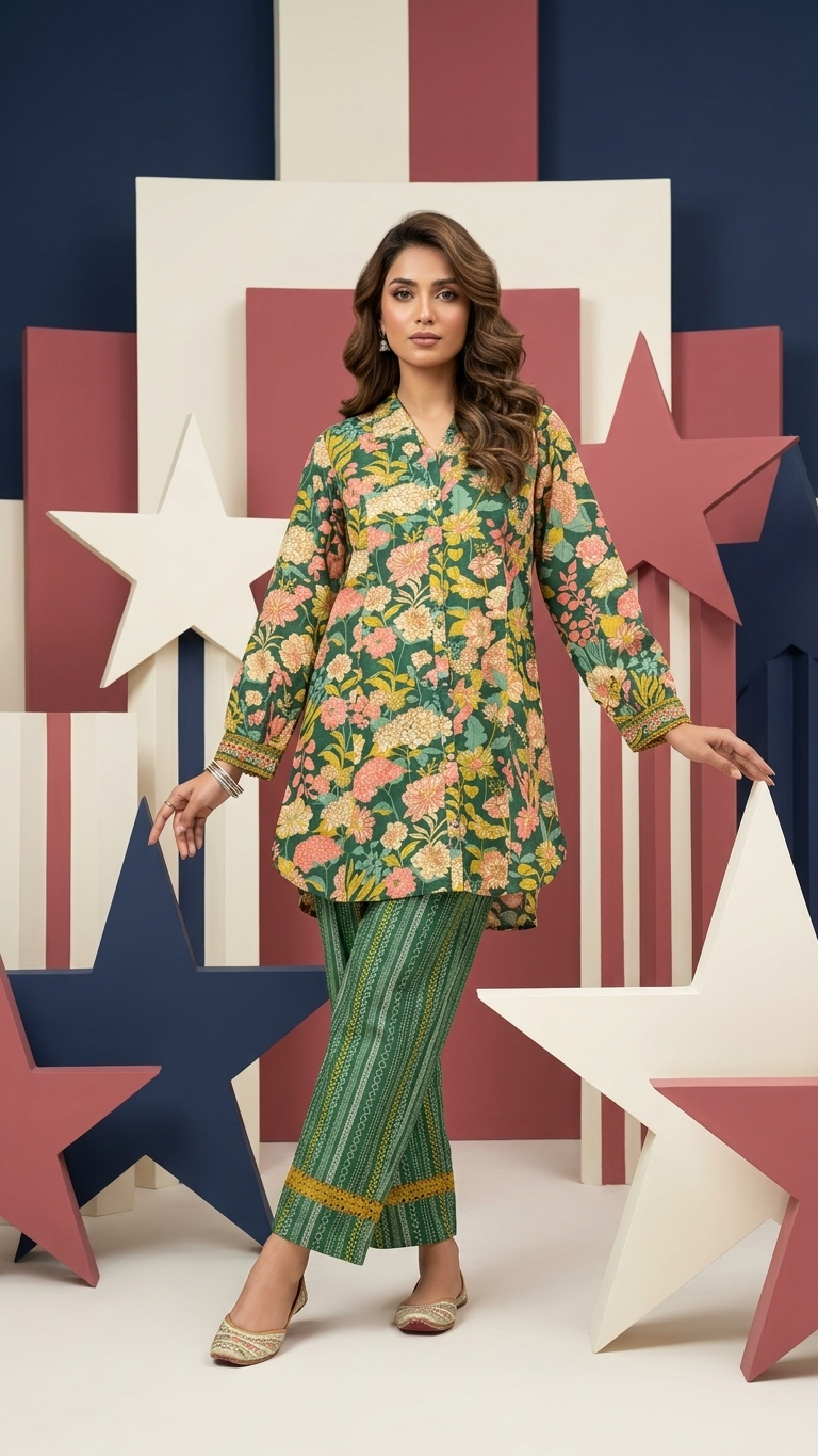 Ensemble coordonné boutonnée imprimé numérique floral vert avec pantalon orné de dentelle au crochet