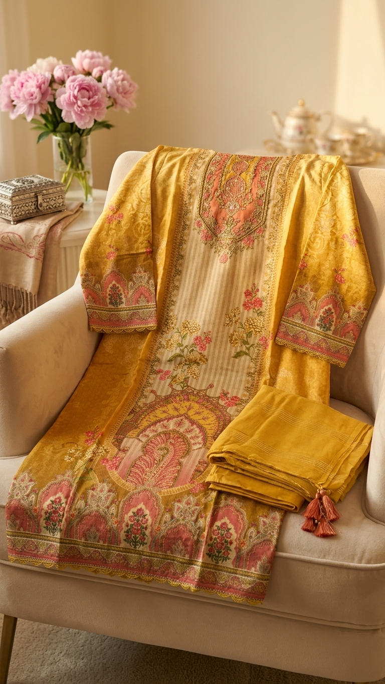 Yellow Chinon Silk 3-Piece Indian Suit with Sequins Dupatta