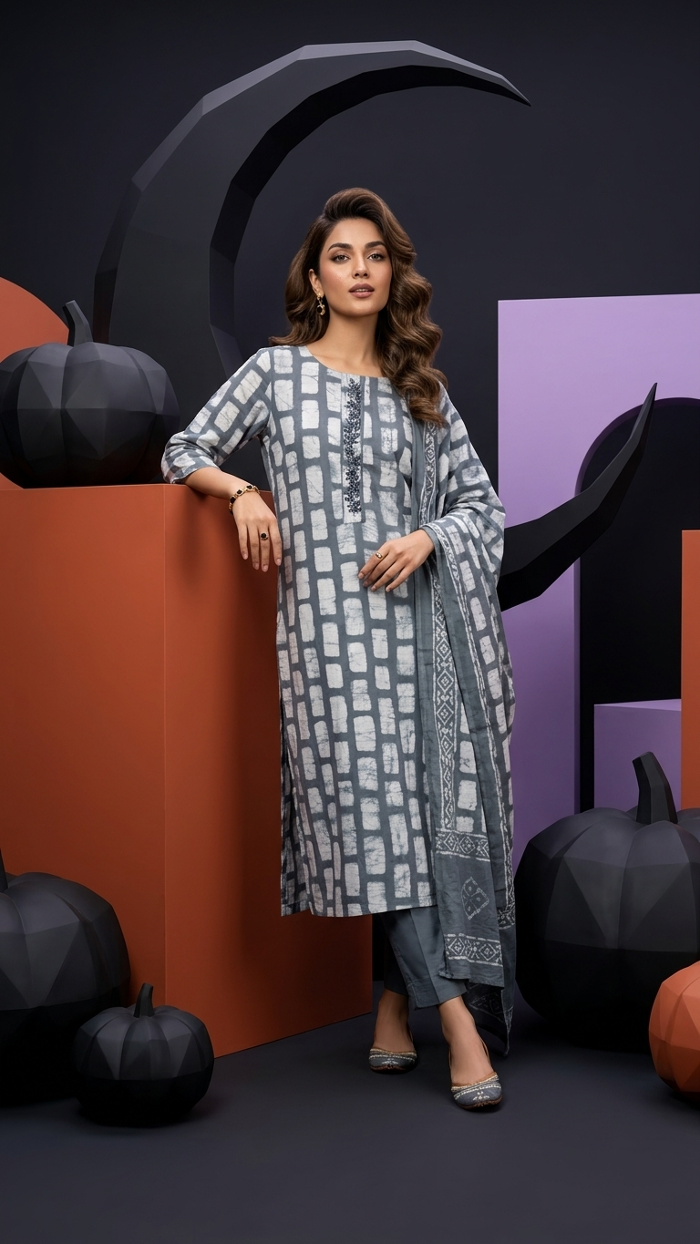 Batik Cotton Silk 3-Piece Kurta Set in Stone Grey