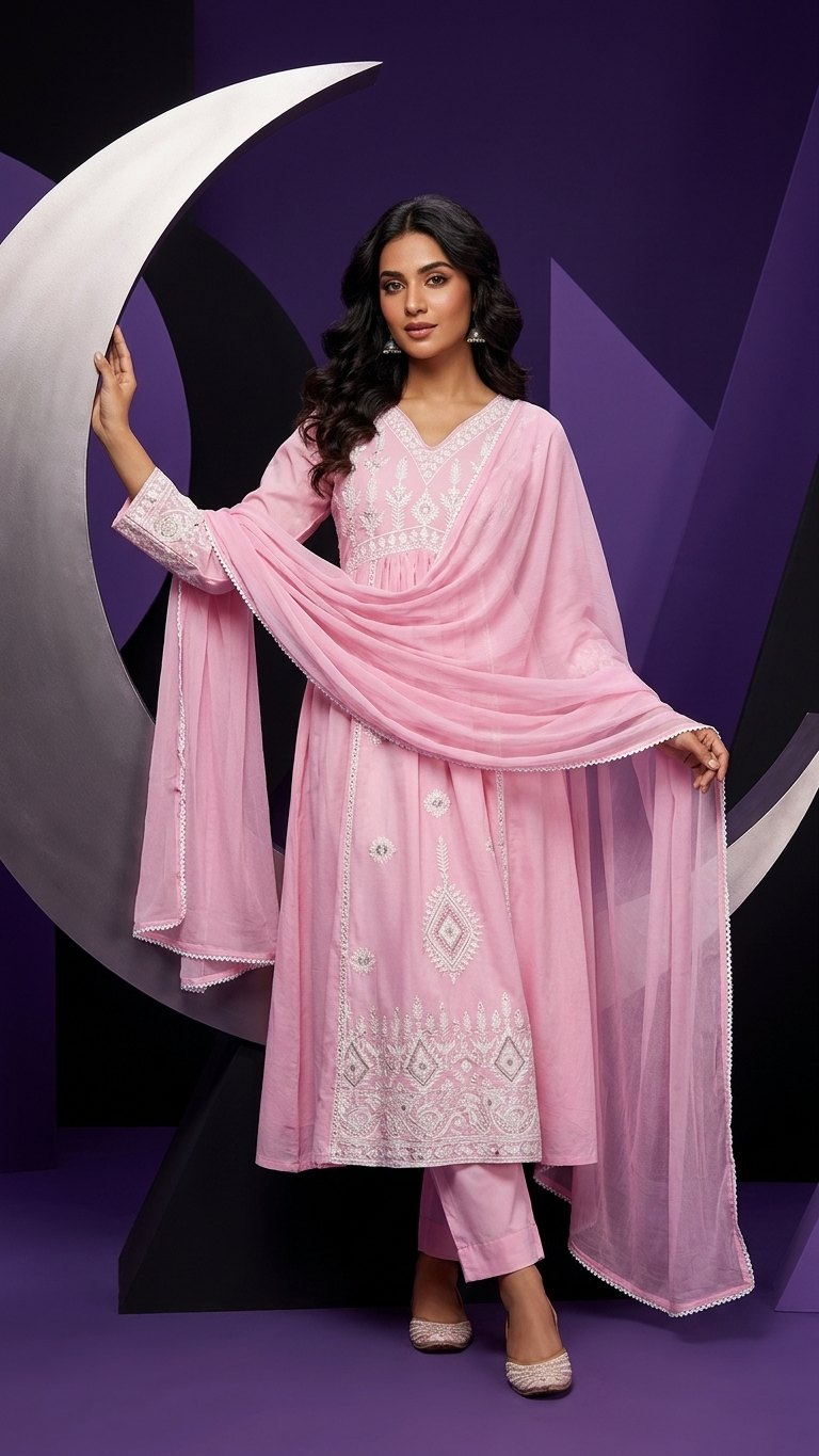 Blush Pink Embroidered Anarkali Suit Set with Chiffon Dupatta | Pakistani Anarkali Dress for Women | Festive, Wedding & Eid Wear
