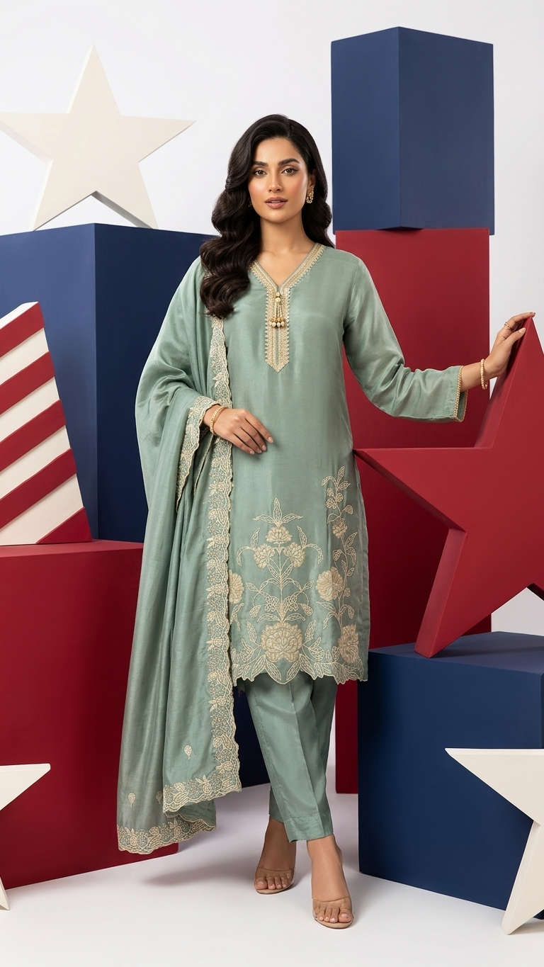 Dusty Blue Embroidered 3-Piece Kurta Set with Dupatta | FestiTrend