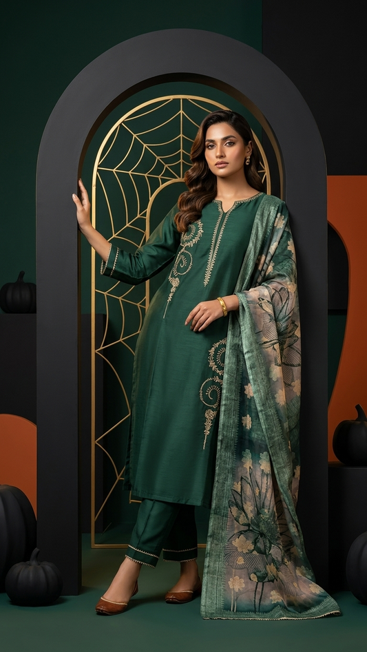 Silk Blend 3-Piece Suit in Green with Gold Tone Embroidery and Floral Tissue Dupatta