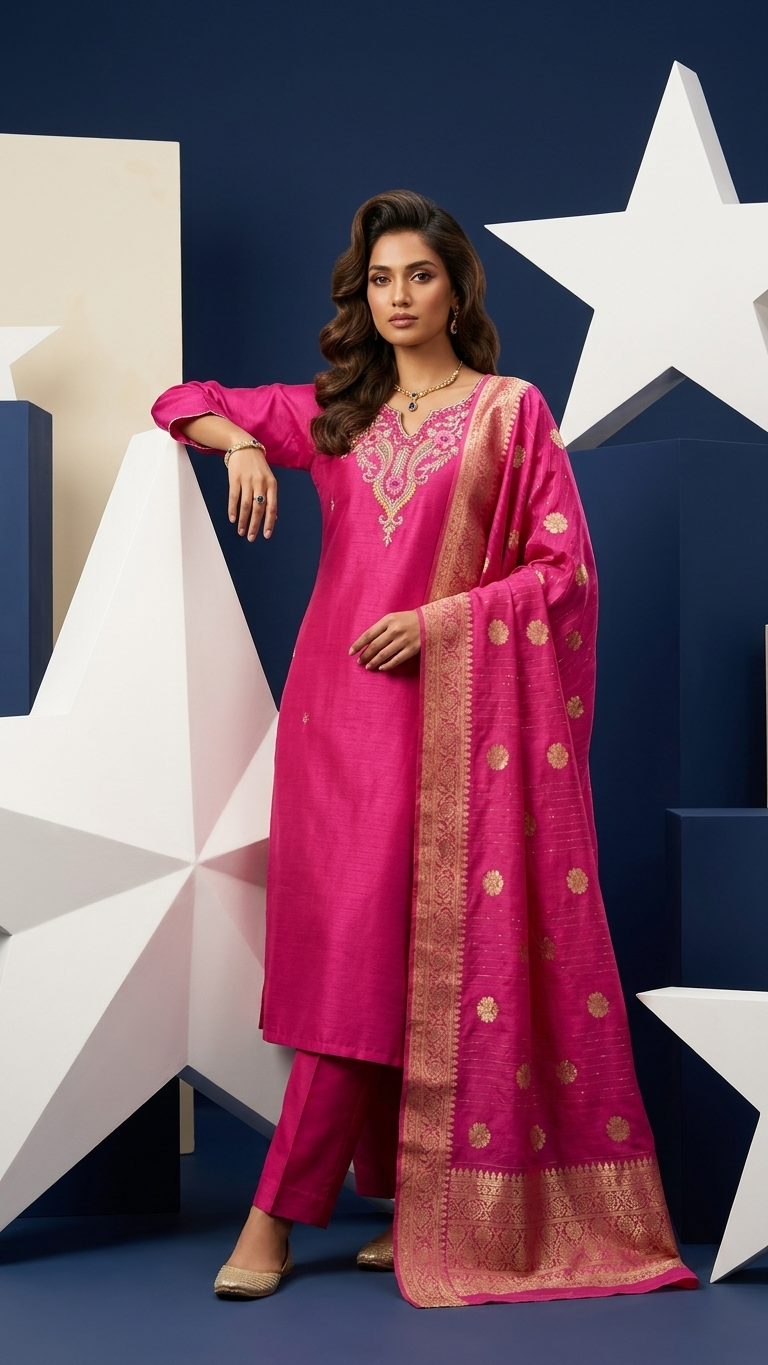 Chinnon Silk Kurta Set with Banarasi Dupatta – 3 Piece Festive Ethnic Wear for Women