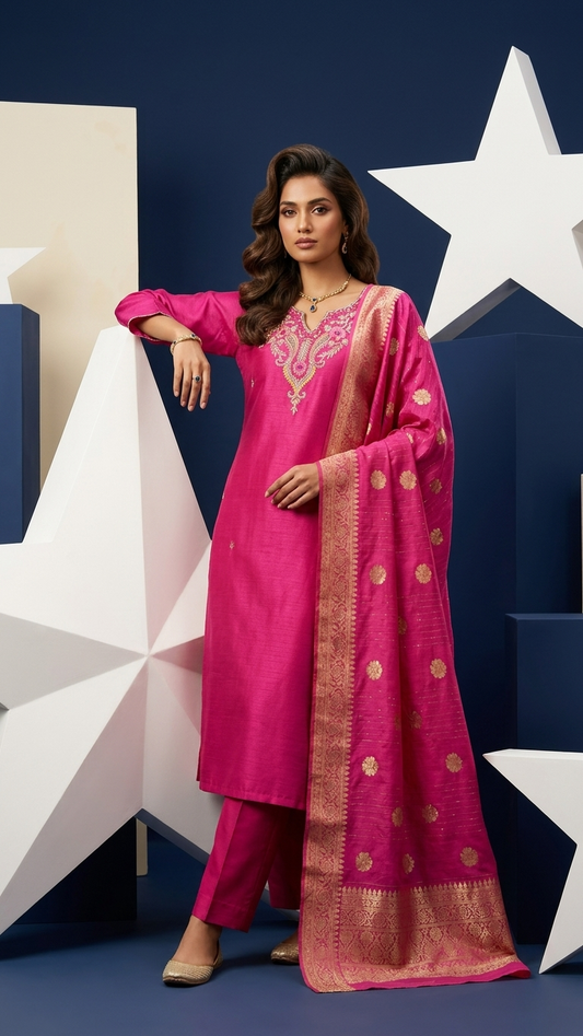 Chinnon Silk Kurta Set with Banarasi Dupatta – 3 Piece Festive Ethnic Wear for Women
