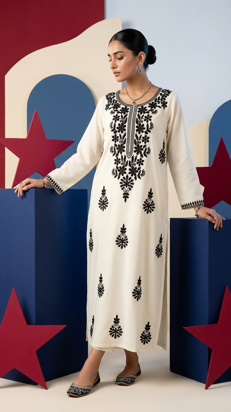 Kurti Premium en Rayonne Chikankari Blanche avec Broderies Contrastantes Faites Main au Fil