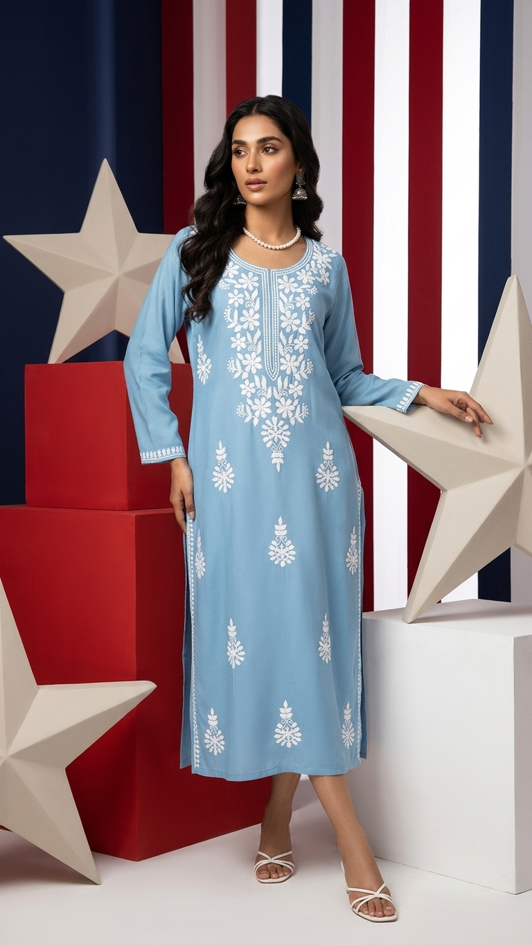 Kurti en rayonne Chikankari haut de gamme bleue avec broderie contrastée faite à la main
