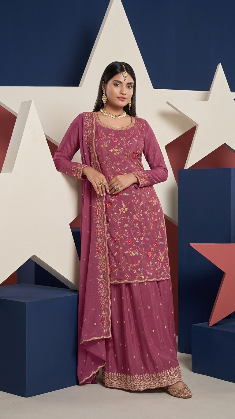 3-Piece Festive Sharara Set in Silk Blend/Georgette with Hand Embroidery