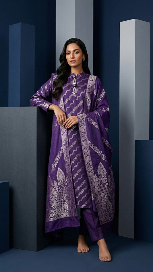 Ensemble 3 pièces en mélange de coton et de soie violet avec tissage doré