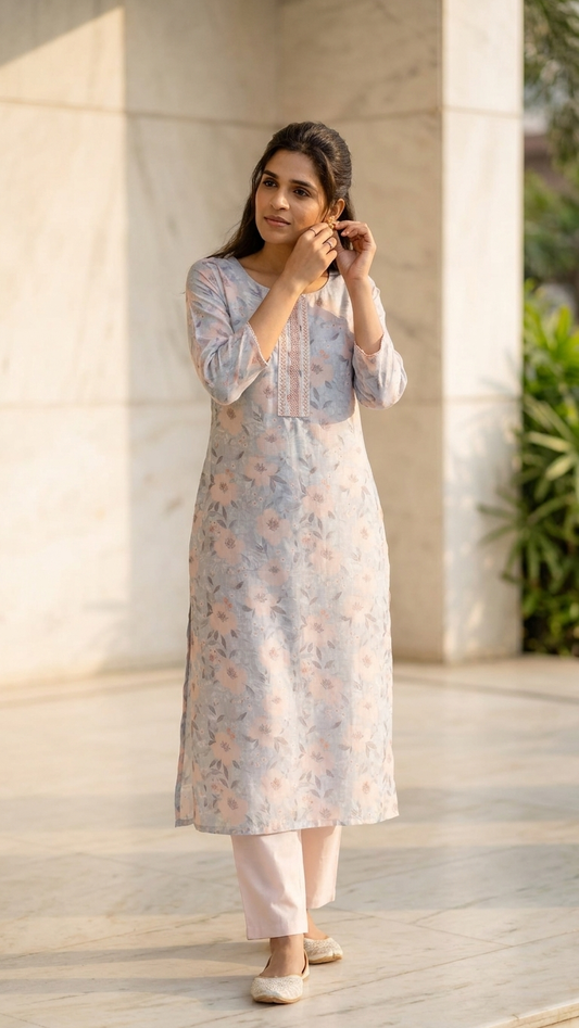 Pastel Floral Cotton Kurta Set with Blush Pink Pants