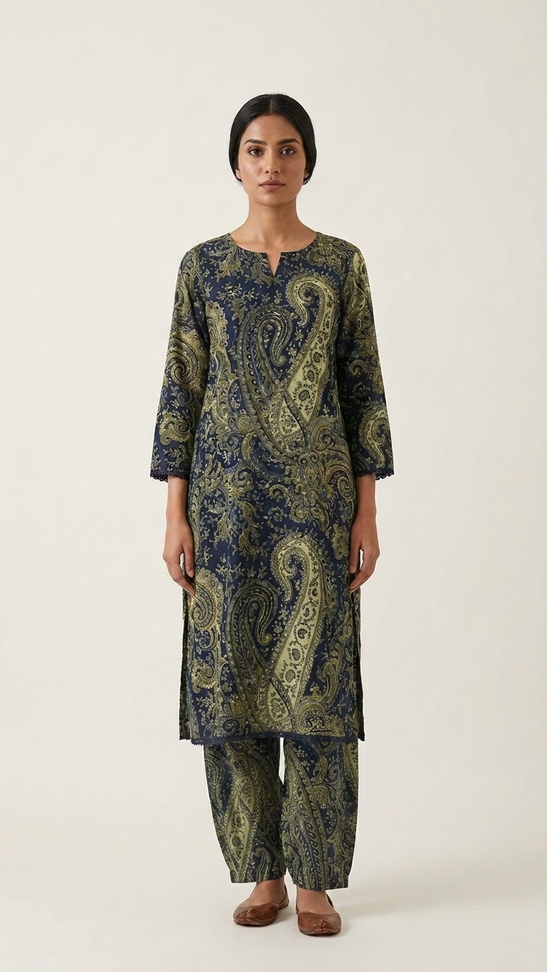 Navy Blue Paisley Print Cotton Blend Kurta Set for Women | Elegant Ethnic Co-Ord Set