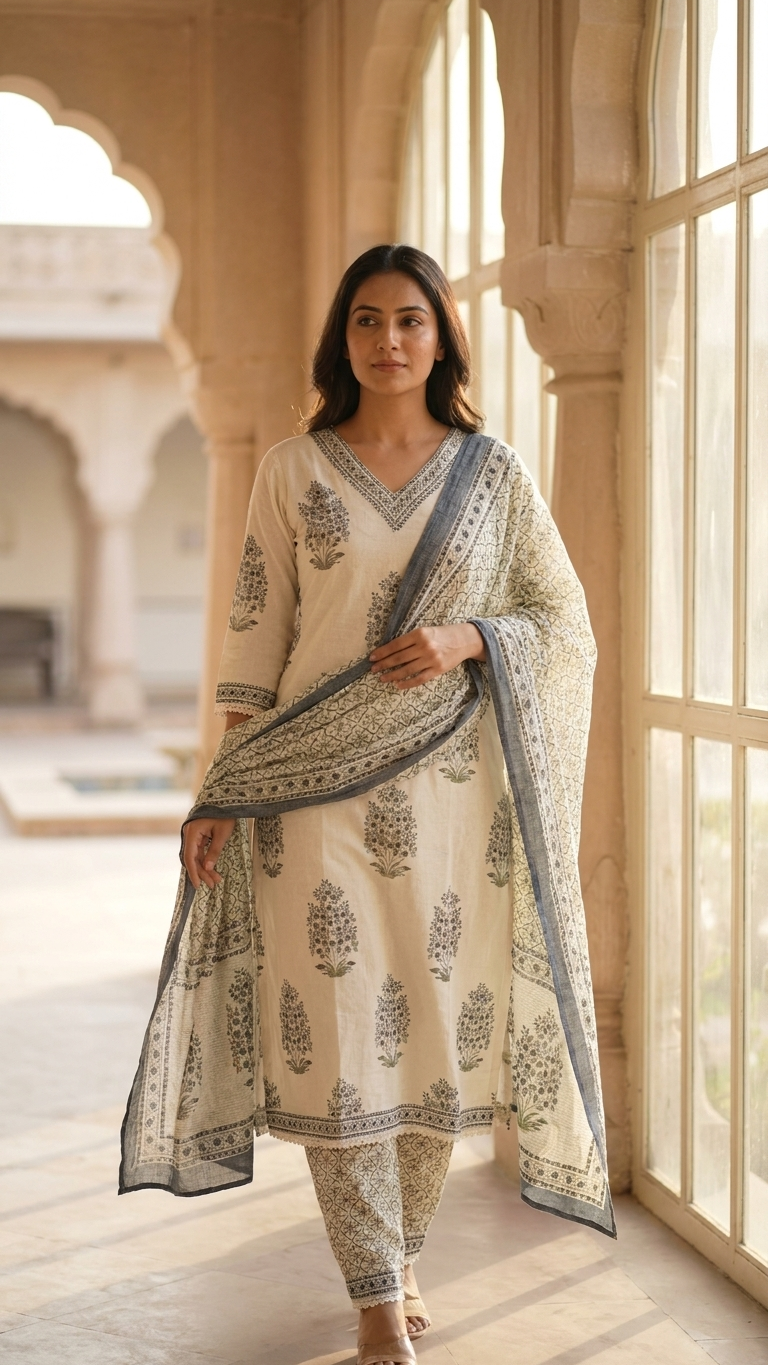 Cotton Minimalist 3-Piece Suit in White and Teal