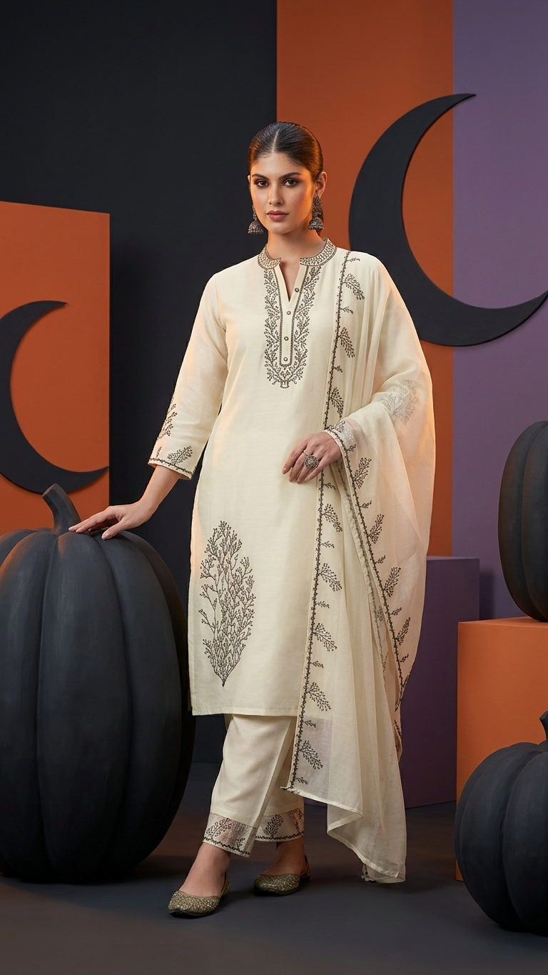 Ensemble 3 pièces en soie russe blanc cassé avec broderie noire et dupatta en organza