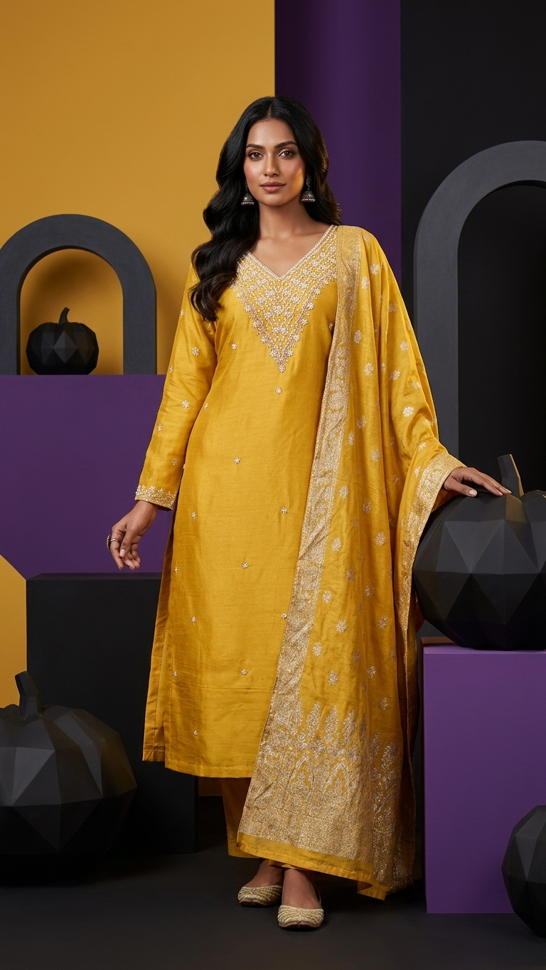 Costume 3 pièces Chinon Silk Dabka Work en jaune