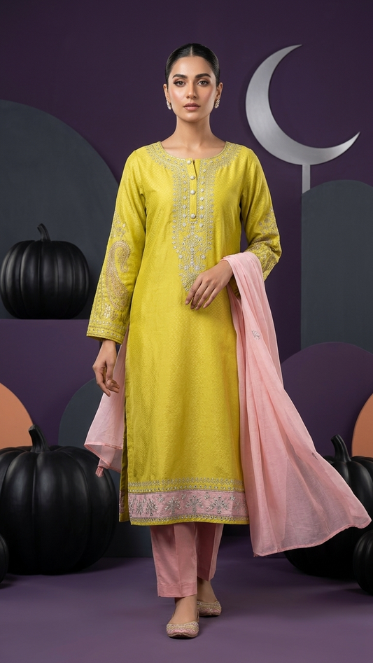Vibrant Yellow Cotton 3-Piece Suit with Exquisite Detailing and Pastel Peach Dupatta & Bottom
