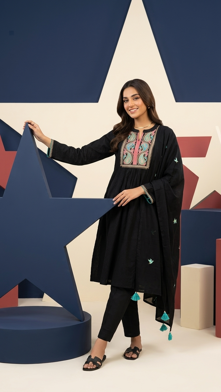 Black Embroidered Pakistani Kurta Set with Dupatta | 3-Piece Ethnic Suit | Festive & Casual Wear for Women