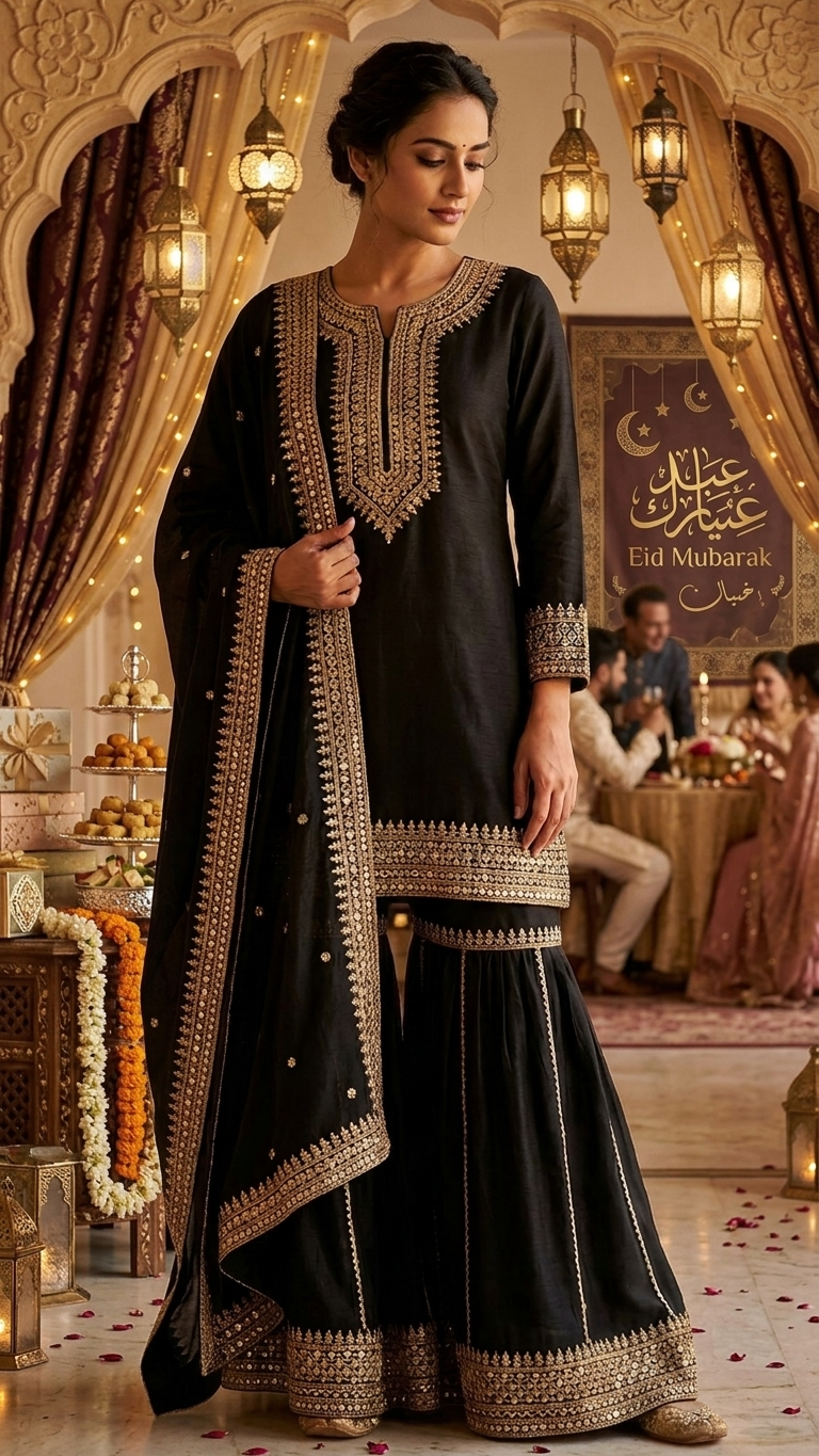 Black Embroidered Sharara Suit Set for Women | 3-Piece Pakistani Indian Wedding & Party Wear