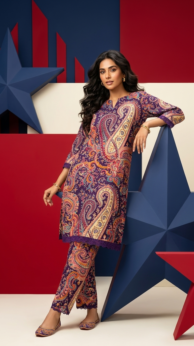 Purple Multicolor Paisley Print Kurta Set for Women | Traditional Ethnic Co-Ord Outfit
