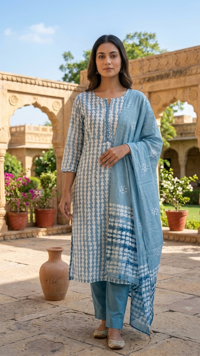 Batik Cotton Silk 3-Piece Kurta Set in Blue