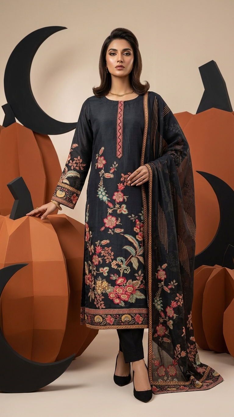 Costume 3 pièces élégant en coton et soie à imprimé floral noir