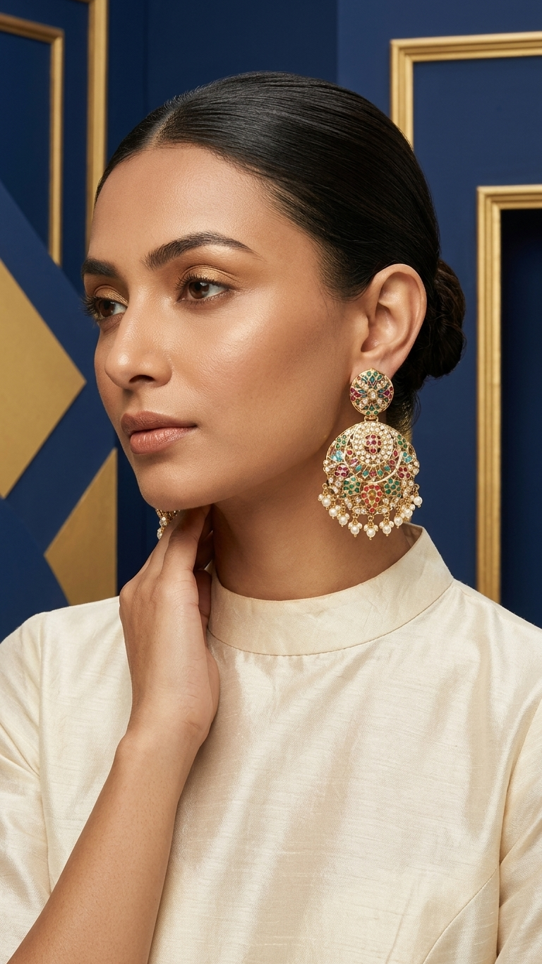 Jadau Chaandbali Earrings – Exquisite Multicolour Jadau Jewelry