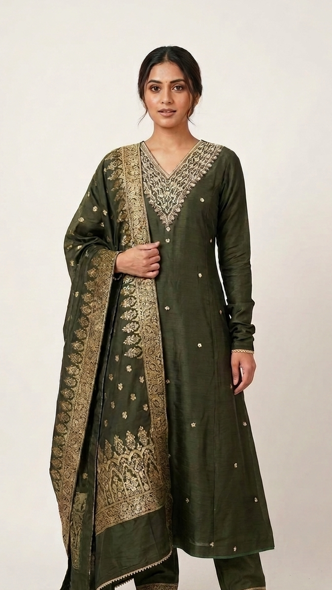 Chinon Silk Dabka Work 3 Piece Suit in Green