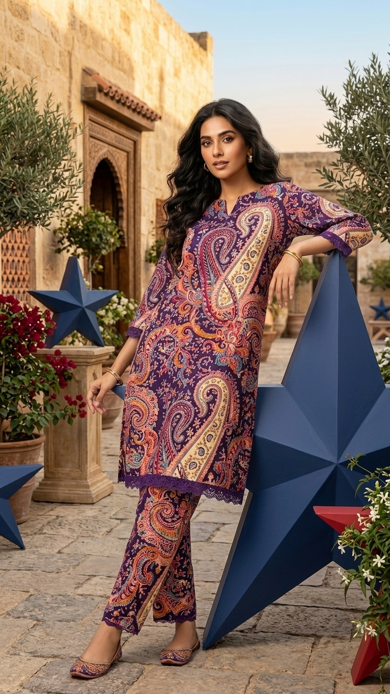 Purple Multicolor Paisley Print Kurta Set for Women | Traditional Ethnic Co-Ord Outfit