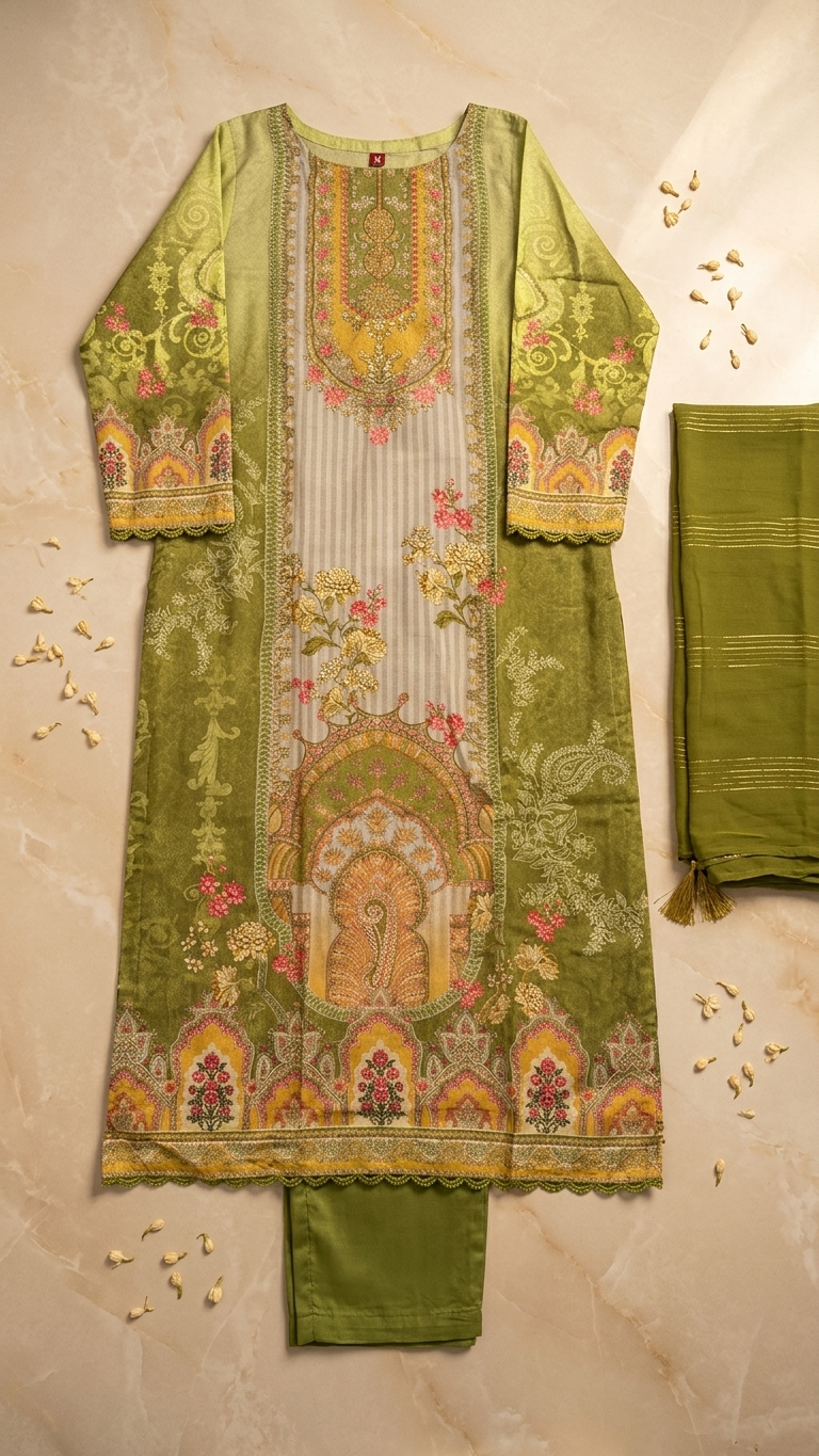 Chinon Silk 3-Piece Indian Suit with Sequins Dupatta