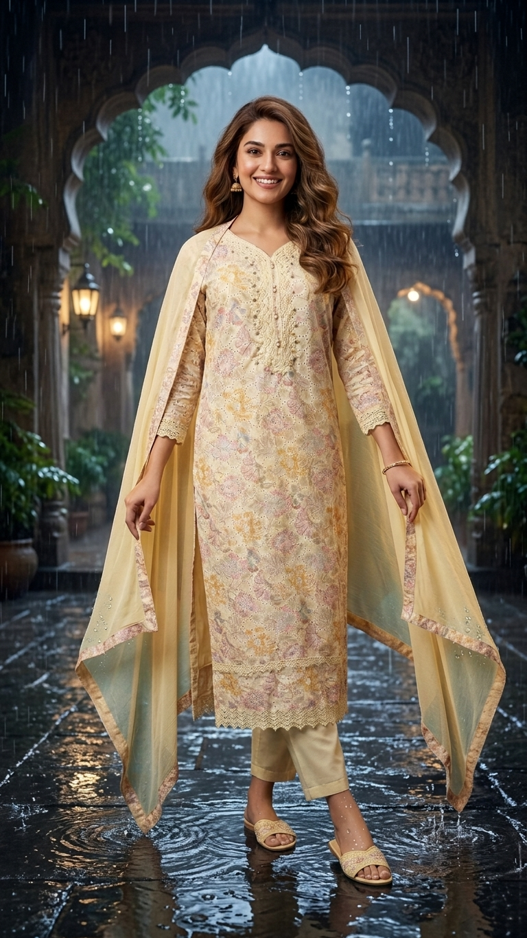Cotton 3-Piece Suit in Lemon Yellow with Intricate Lace Work