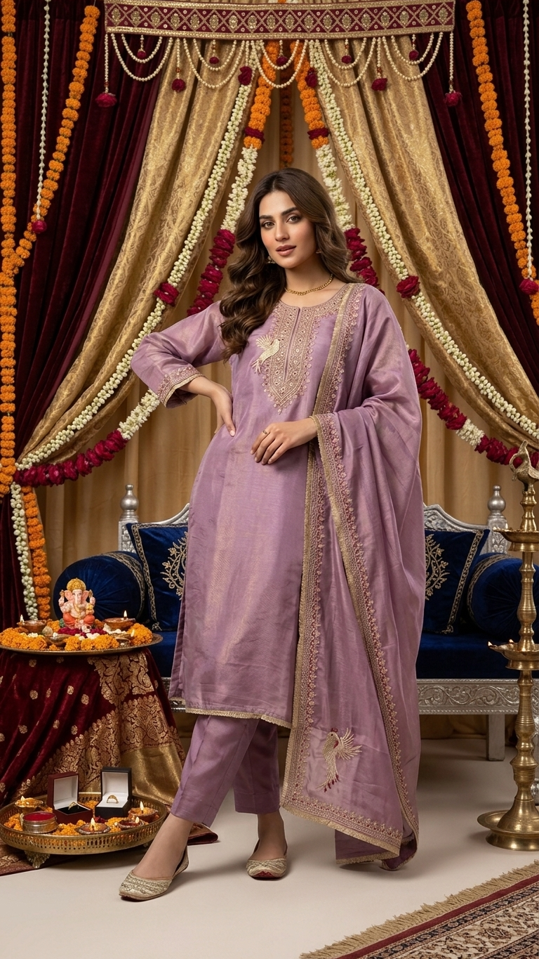 Dusty Mauve Silk Blend Kurta Set for Women | 3-Piece Embroidered Indian Pakistani Suit with Dupatta | Festive & Wedding Wear