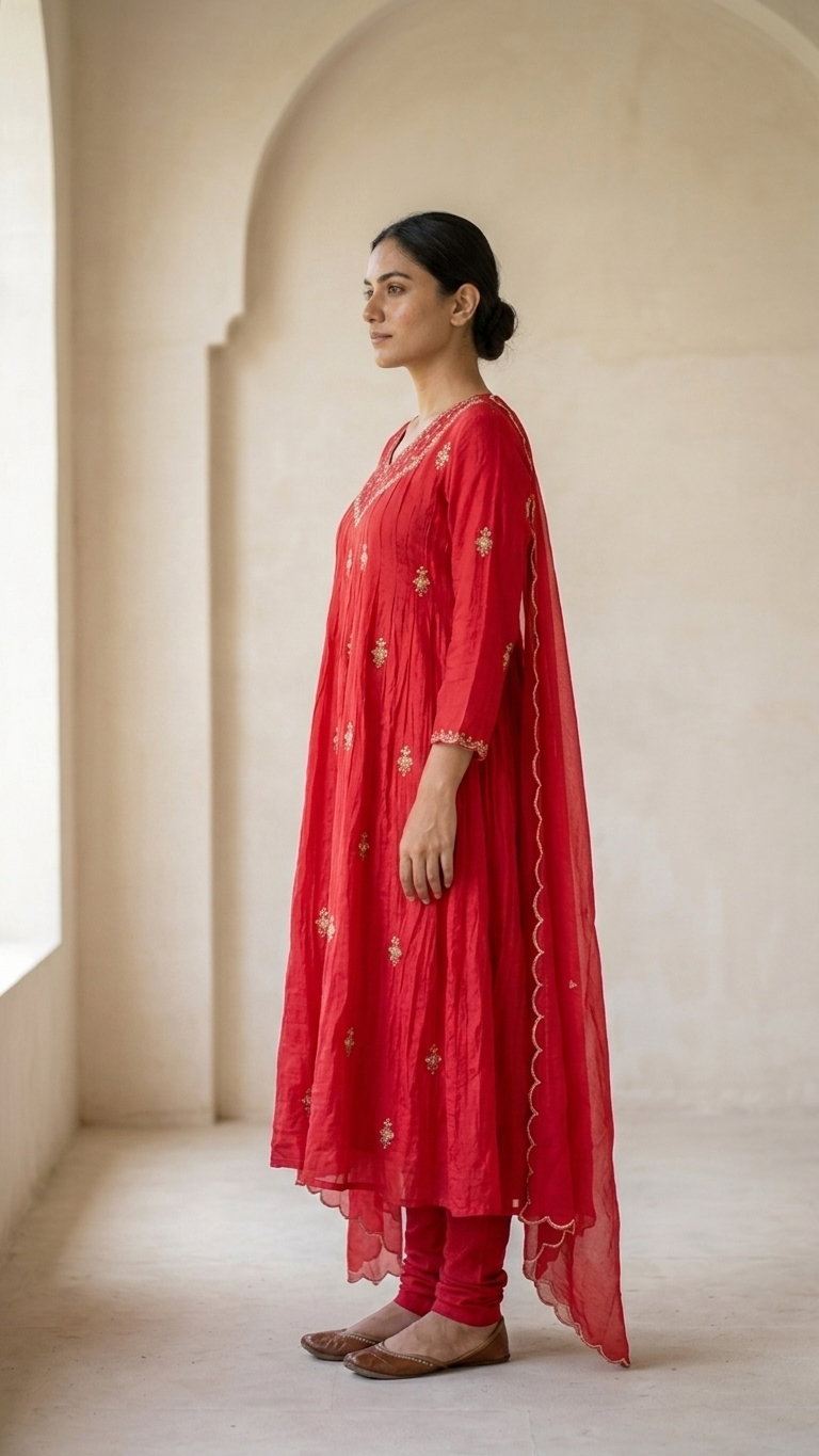 Hot Pink Chinnon Silk 3-Piece Kurta Set with Gold Embroidery & Scalloped Dupatta