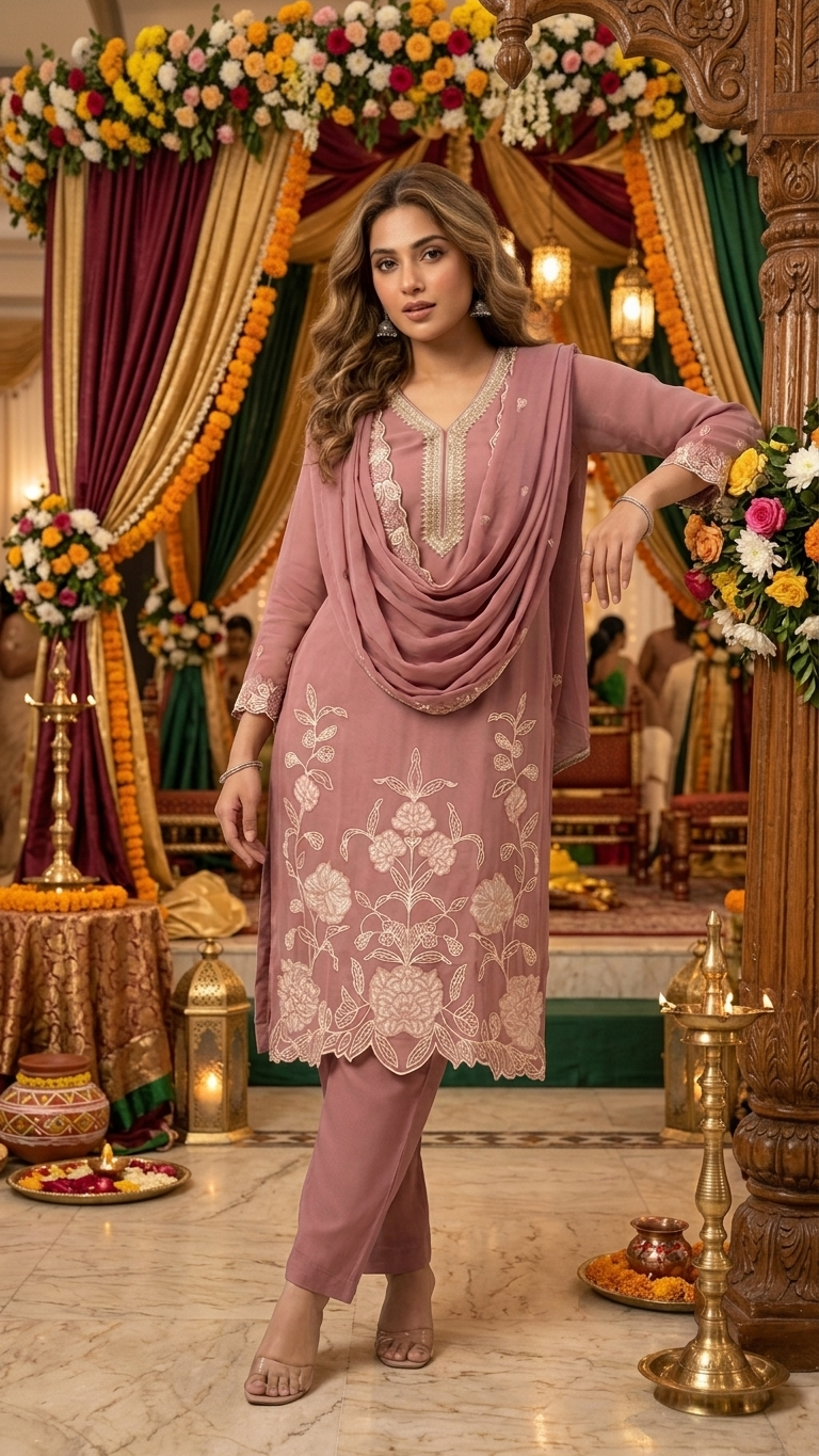 Women's Dusty Rose Embroidered 3-Piece Kurta Set with Dupatta | Elegant Pakistani Suit | Festive & Wedding Ethnic Wear